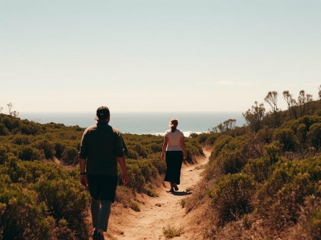 Two people walking a coastal trail