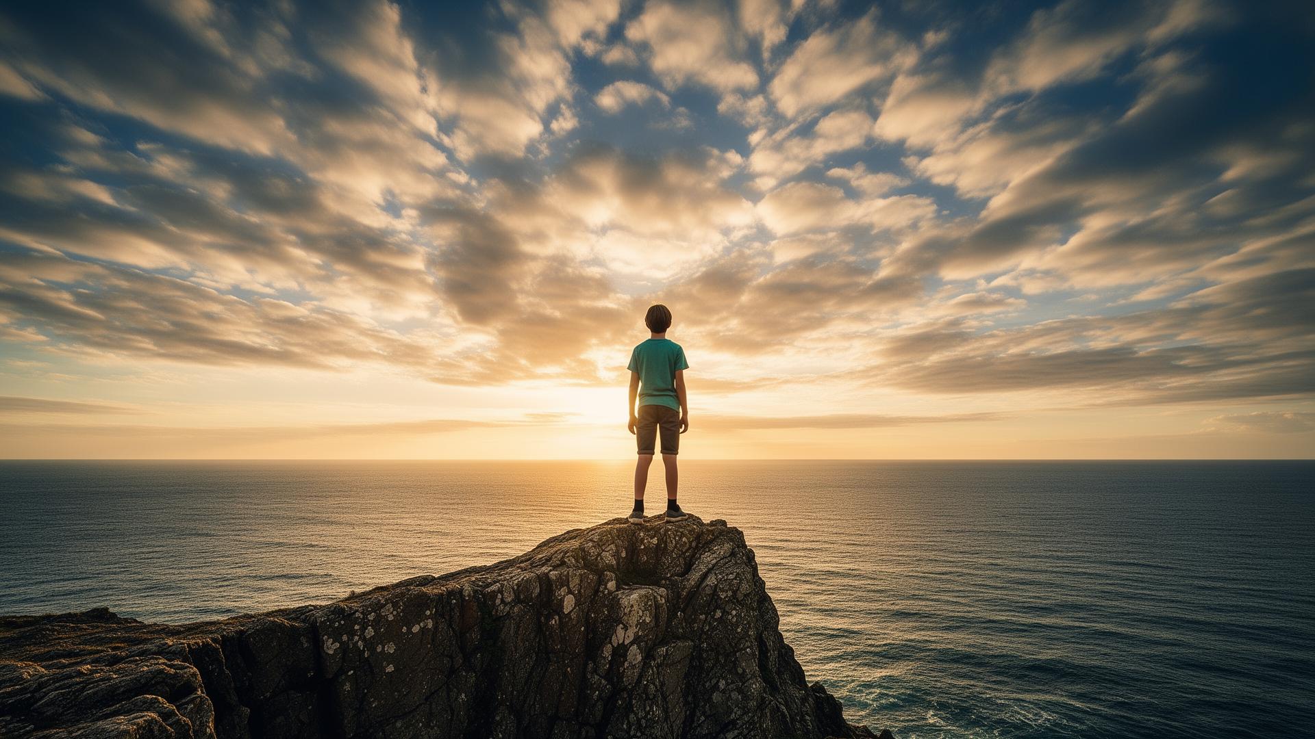 Young person looking out over the ocean at sunset