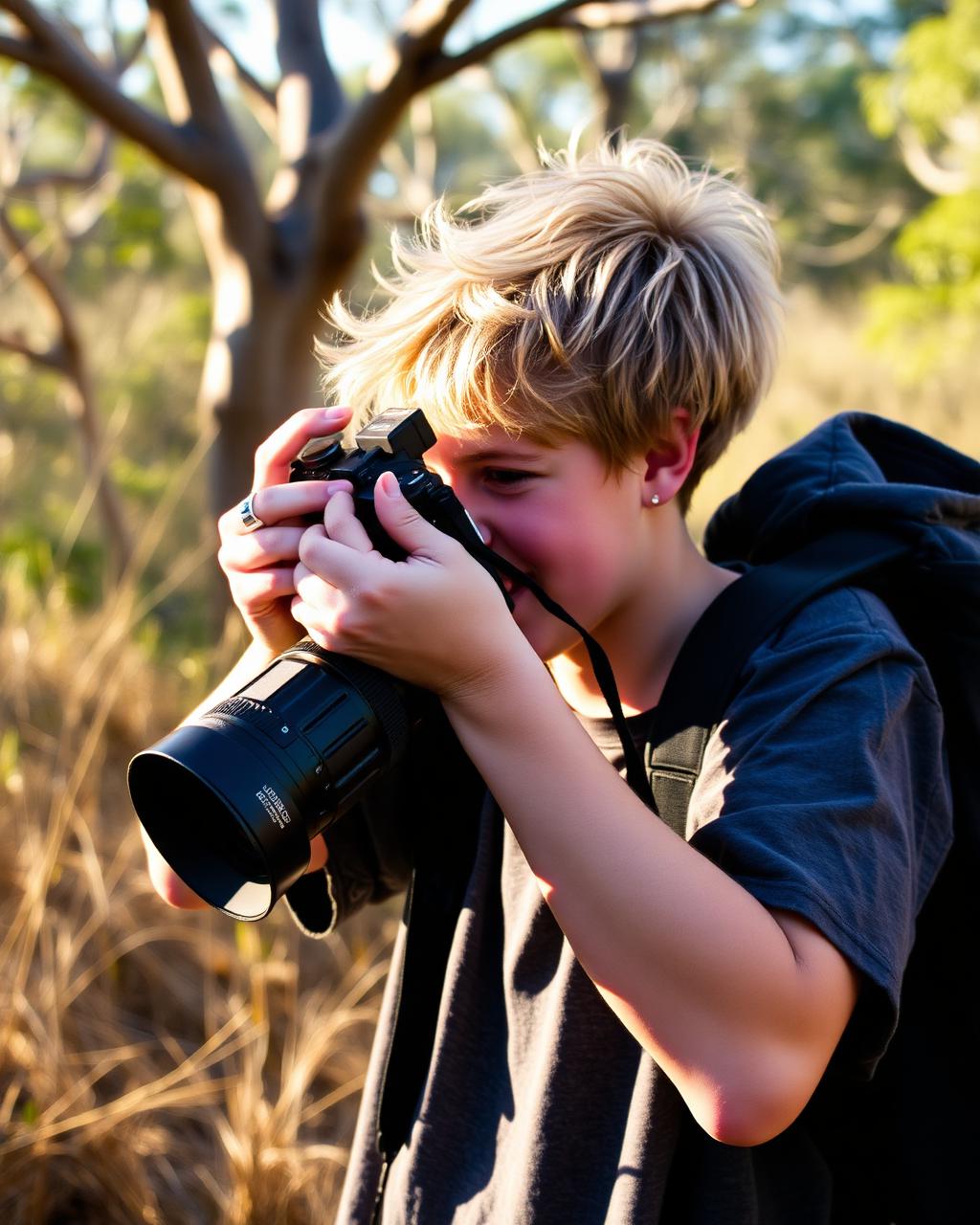 Teenager taking a photograph outdoors